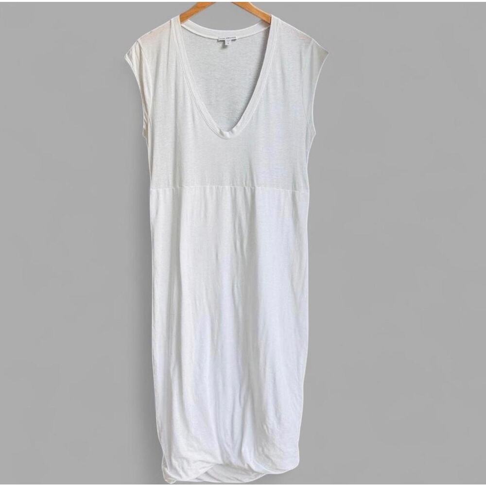 James Perse White Deep V-Neck Midi Stretch Pencil Dress Lined Bubble Hem Sz 0 XS